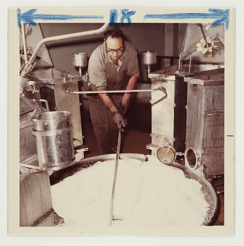 Slide 503, 'Extra Prints of Coburg Lecture', Worker Mixing Powder, Kodak Factory, Coburg, circa 1960s