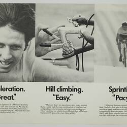 Three images of man's face, bike gears and cyclist riding bicycle. Black printed text below.