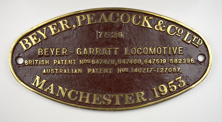 Locomotive Builders Plate - Beyer Peacock & Co. Ltd., Manchester, England, 1953