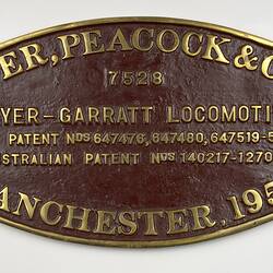Locomotive Builders Plate - Beyer Peacock & Co. Ltd., Manchester, England, 1953