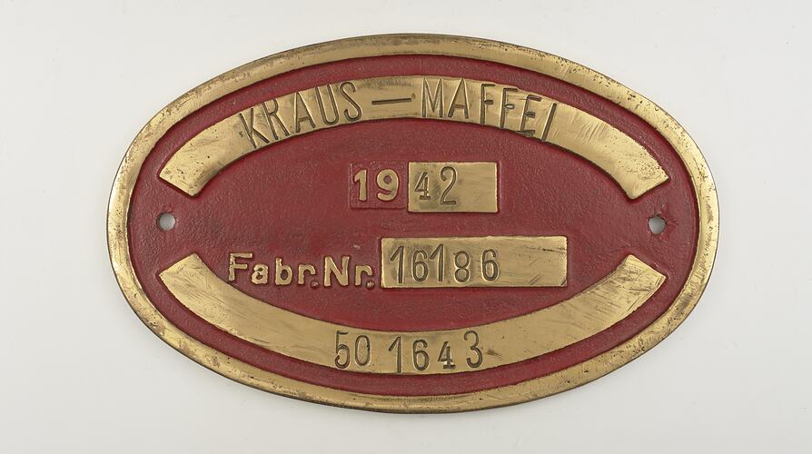 Locomotive Builders Plate - Kraus-Maffei AG, Munich, Germany, 1942