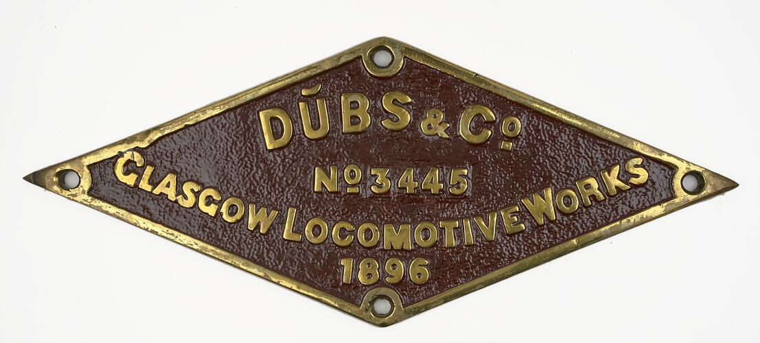 Locomotive Builders Plate - Dubs & Co., Glasgow, Scotland, 1896