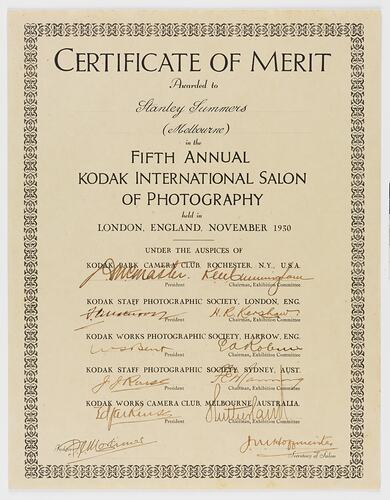 Certificate of Merit - Stanley Summers, Fifth Annual Kodak International Salon of Photography, Nov. 1930