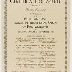 Certificate of Merit - Awarded to Stanley Summers, Fifth Annual Kodak International Salon of Photography, Nov 1930