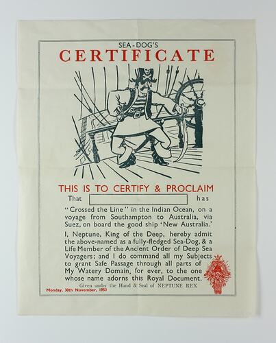 Certificate - Crossing the Equator, 'New Australia', 30 Nov 1953