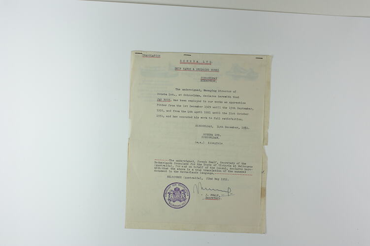 Reference - Employment, Jan Roos From Sheba Ltd., Schoorldam, Netherlands, 14 Dec 1931