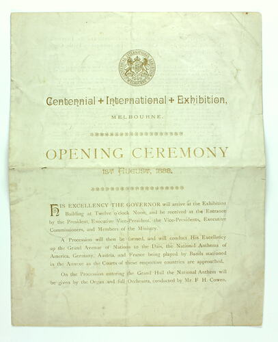 Programme - Opening Ceremony, Centennial International Exhibition, Melbourne, 1 August 1888