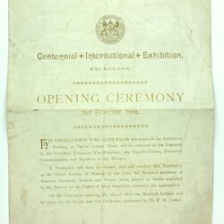 Programme - Opening Ceremony, Centennial International Exhibition, Melbourne, 1 August 1888