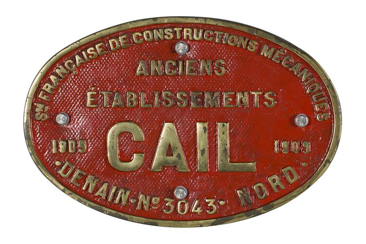 Locomotive Builders Plate - Ste Francaise Constructions, Cail, SNCF, 1909
