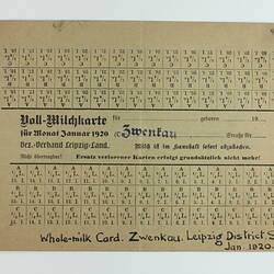 Ration Card - Whole Milk, Leipzig, Germany, Jan 1920