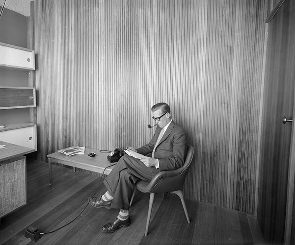 Timber Development Association, Man Reading in Room, Melbourne, Victoria, Sep 1958