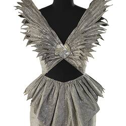 Silver grey dress bodice. Applique bird wings fan out to shoulders. Cut out midriff.