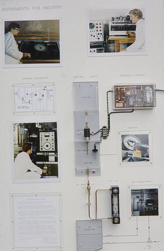Display panel of photographs and circuit boards.