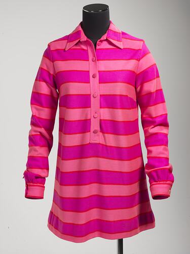 Pink striped mini polo-shirt dress. Long sleeve with collar, cuffs, front buttons.