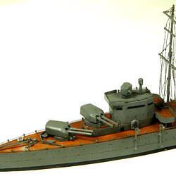 Naval ship with two masts, detail of front of deck.