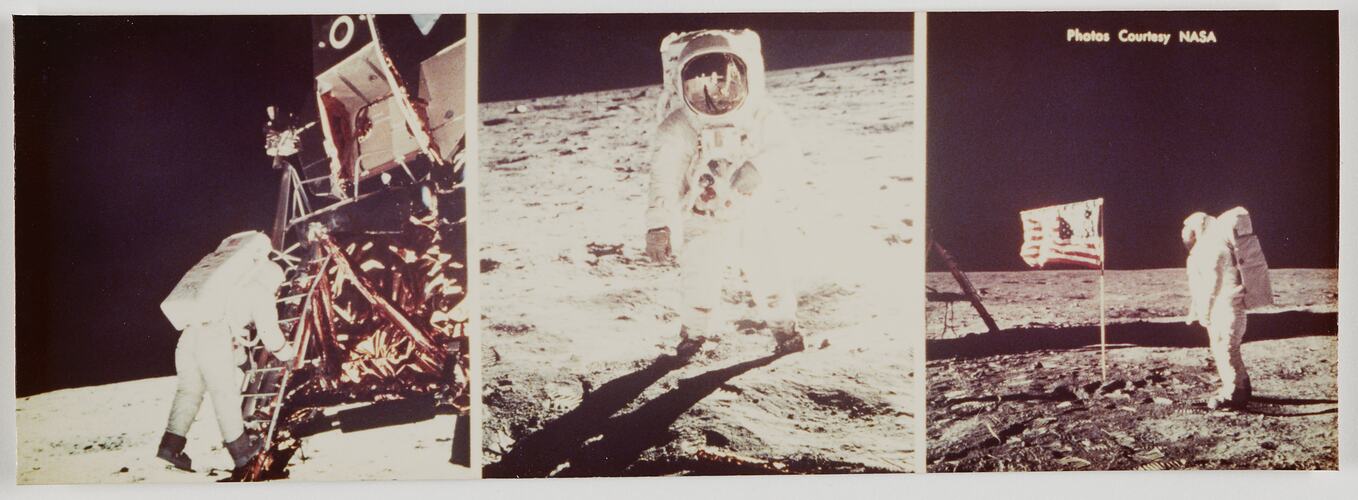 Triptych of astronauts on the moon.