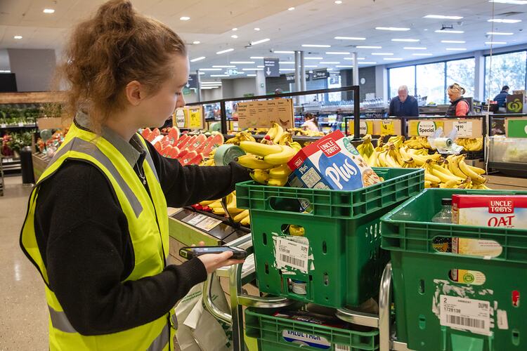 Online Picking Staff Member With Bananas & Scanner, Woolworths, Blackburn South, 18 May 2020
