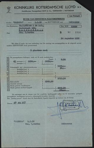 Booking Confirmation - Royal Dutch Lloyd, 'Fairsea' To Theodorus Perdon, Rotterdam, 14 Aug 1952