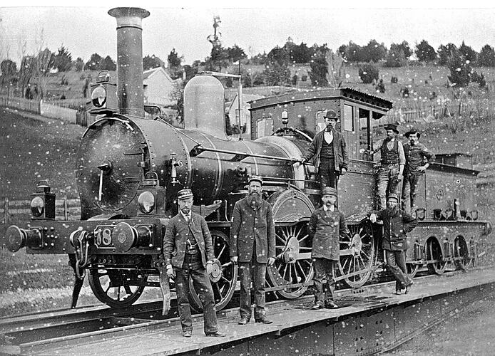 [B-class steam locomotive on a turntable, Daylesford district, 1890.]
