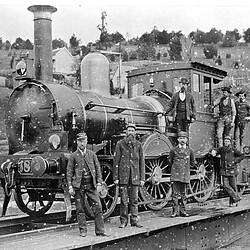 Negative - Victorian Railways F-class 2-4-0 Steam Locomotive & Crew on the Turntable, Daylesford, Victoria, 1890