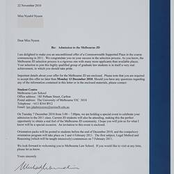 Letter - Nyadol Nyuon From University of Melbourne, Melbourne Law Admission, 22 Nov 2010