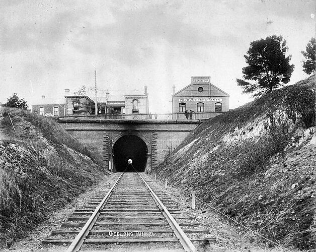 Shops and buildings over a railway tunnel, Geelong, circa 1890.