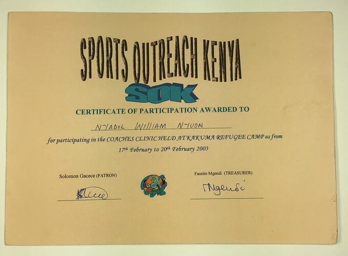 Award Certificate - Sports Outreach Kenya to Nyadol Nyuon, Kakuma Refugee Camp, Kenya, 17-20 Feb 2003