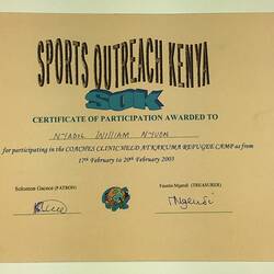 Award Certificate - Sports Outreach Kenya To Nyadol Nyuon, Kakuma Refugee Camp, Kenya, 17 - 20 Feb 2003