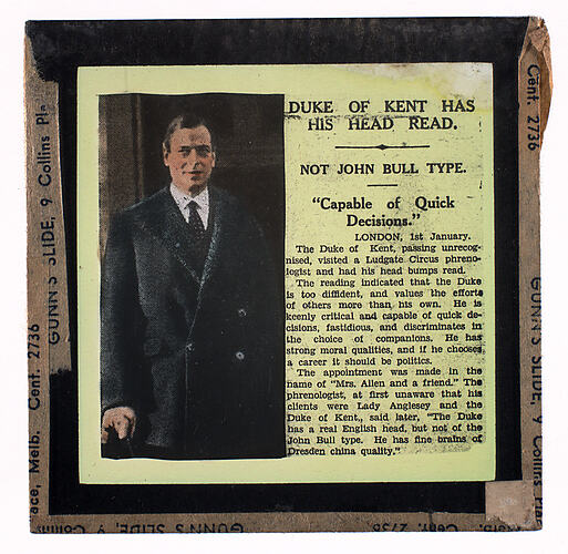 Lantern Slide - Universal Opportunity League, 'Duke of Kent Has His Head Read', 1937