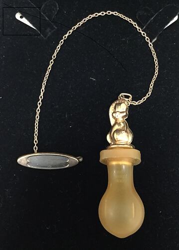 Gold squirrel attached to a rubber dummy teat. Gold chain and simple oval brooch attached to top of squirrel's head.