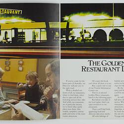Open booklet. Restaurant exterior and interior with text.