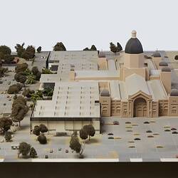 Architectural model of Royal Exhibition Building, Carlton Gardens with fountains, carpark and annexes.