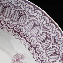 Saucer, mauve and white transfer printed earthenware