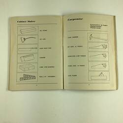 Open booklet, white with black printing.