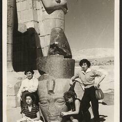 Digital Image - Adeline Del Vecchio & Friends with Pharaoh Statue, Luxor, Egypt, circa 1950