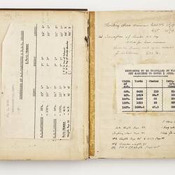 Open book with off white ruled pages. Handwritten text. Pasted paper with typed text.