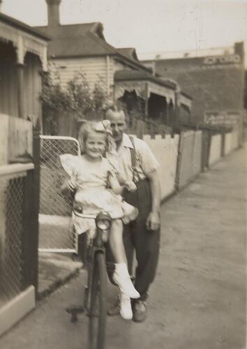 Digital Photograph - Father 'Dinking' his Daughter on Bike, Brunswick, 1949