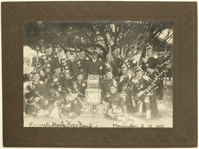 Photograph - Harvester Works Pipe Band, Mornington, Hewitt Studios, 3 Dec 1923