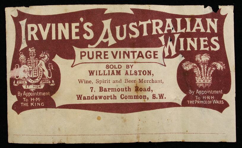 Wine Label - Great Western Winery, 'Irvine's Australian Wines Pure Vintage', 1908-1918