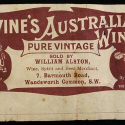 Label - Great Western Winery, 'Irvine's Australian Wines Pure Vintage', 1908-1918