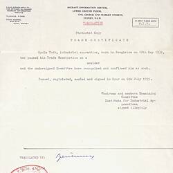 Trade Certificate - Issued to Gyula Toth, Hungary, 6 Jul 1955 - Translation, 13 Jul 1964