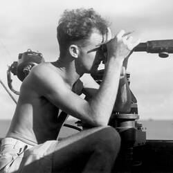 Photograph - Australian Serviceman, Sailor on Lookout Duty, HMAS Arunta, Leyte Gulf, Philippines, World War II, 1944