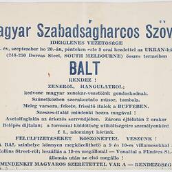 Invitation - Hungarian Alliance of Freedom Fighters, Ball, Melbourne, 20  Sep 1957