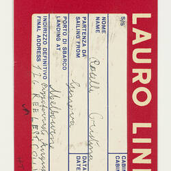 Baggage Label - Flotta Lauro, Cabin, circa 1950s