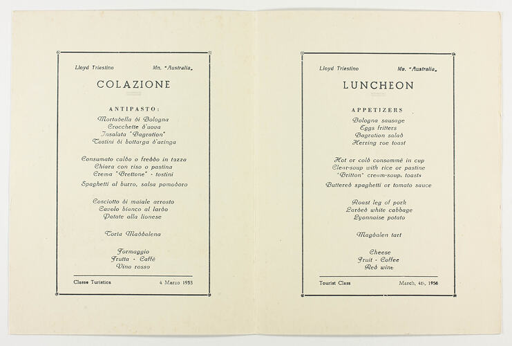 Menu - MV Australia, Lloyd Triestino Line, 4th Mar 1955