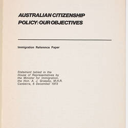 Booklet - Australian Citizenship Policy: Our Objectives, 1974