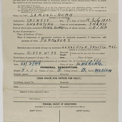 Application Form - Aliens entering Australia in Overseas Vessel or Aircraft, Commonwealth of Australia, 28 Jul 1946