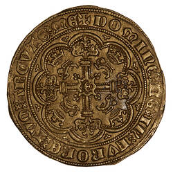 Coin, round, a floriated cross. In each angle, a Lion passant facing left below a crown. Text around.