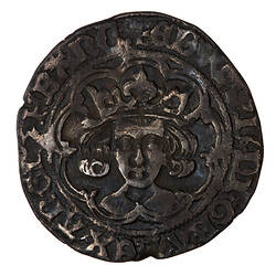 Coin, round, crowned bust of the King facing within a tressure of nine arches; text around.