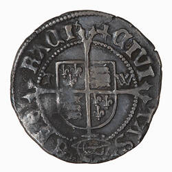 Coin, round, The reverse has a shield quartered with the arms of England and France, dividing the letters TW.